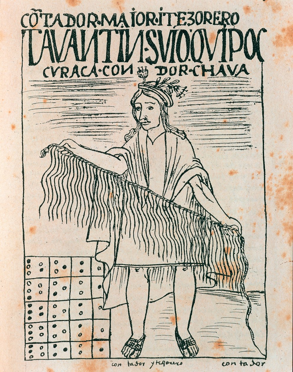 Inca man holding a quipu: accounting system using strings and knots (Ink drawing بواسطة فيليبي هوامان بوما دي أيالا