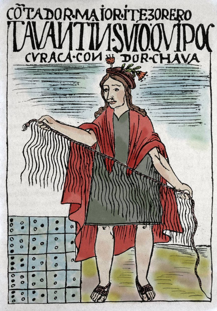 Quipu (Quipo Quipou) نظام محاسبة الإنكا في الحبال والعقدة ، ثقافة الإنكا 1400-1532 بعد الميلاد ، مخطوطة بقلم فيليبي غوامان بوما دي أيالا (نويفا كورونيكا إي بوين غوبييرنو) ، كاتب عمود هندي من القرن السادس عشر. بواسطة فيليبي هوامان بوما دي أيالا