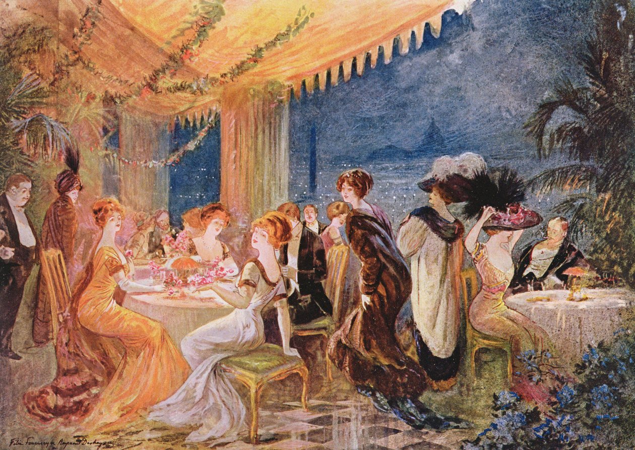 سهرة في مطعم باريسي ، إعلان عن The Furrier Revillon في Le Figaro Illustre ، 1910 بواسطة فيليكس فورنيري