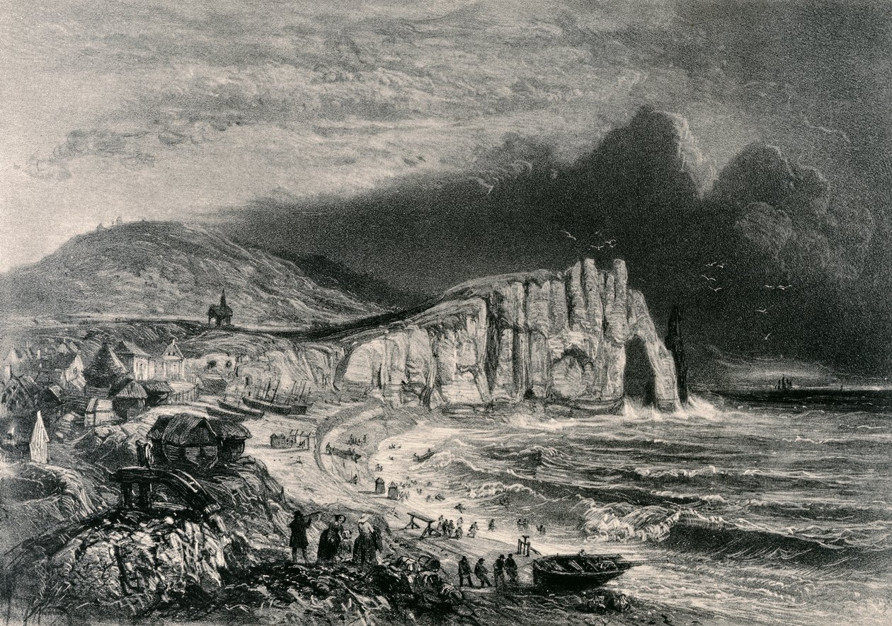 Etretat ، توضيح من الفصل الخاص بالنورماندي من "La Normandie Illustree" ، الذي نقشه Charpentier ، نشر في نانت 1852 بواسطة فيليكس بينويست