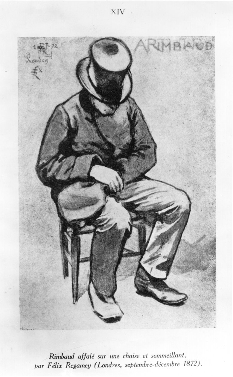 Arthur Rimbaud (1854-91) سقط على كرسي وجروح ، في لندن ، 1872 (اغسله بالحبر على الورق) بواسطة فيليكس ريجامي