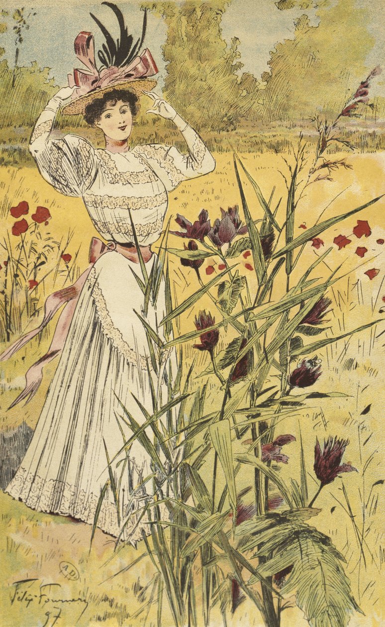 لوحة أزياء ، في الريف ، رسم توضيحي من "La Nouvelle Mode" ، 1897 (نقش الألوان) بواسطة فيليكس فورنيري