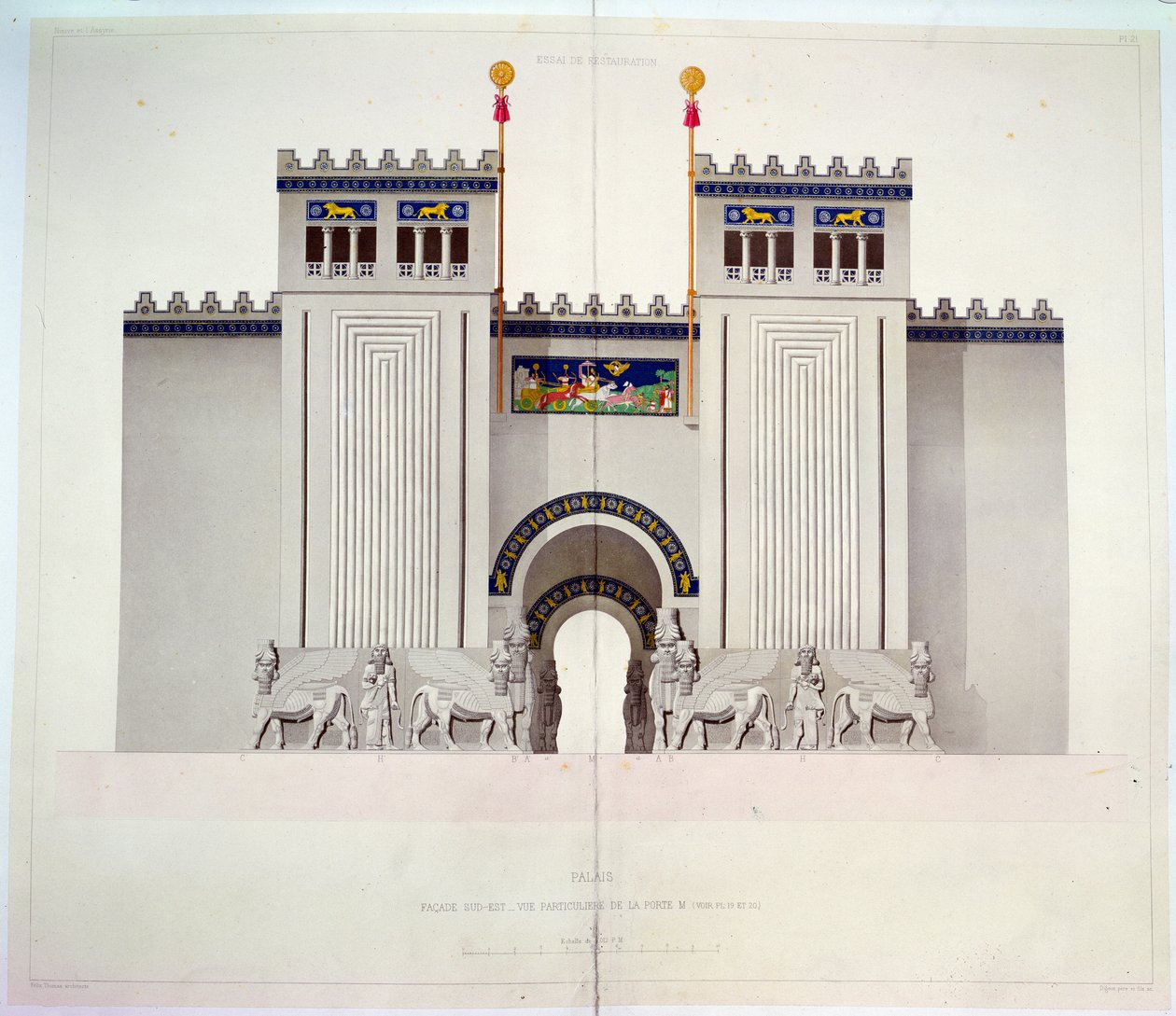 إعادة بناء مدخل قصر سرجون الثاني (721-705 قبل الميلاد) في خورس آباد ، العراق ، 1867 (نقش ملون) بواسطة فيليكس توماس
