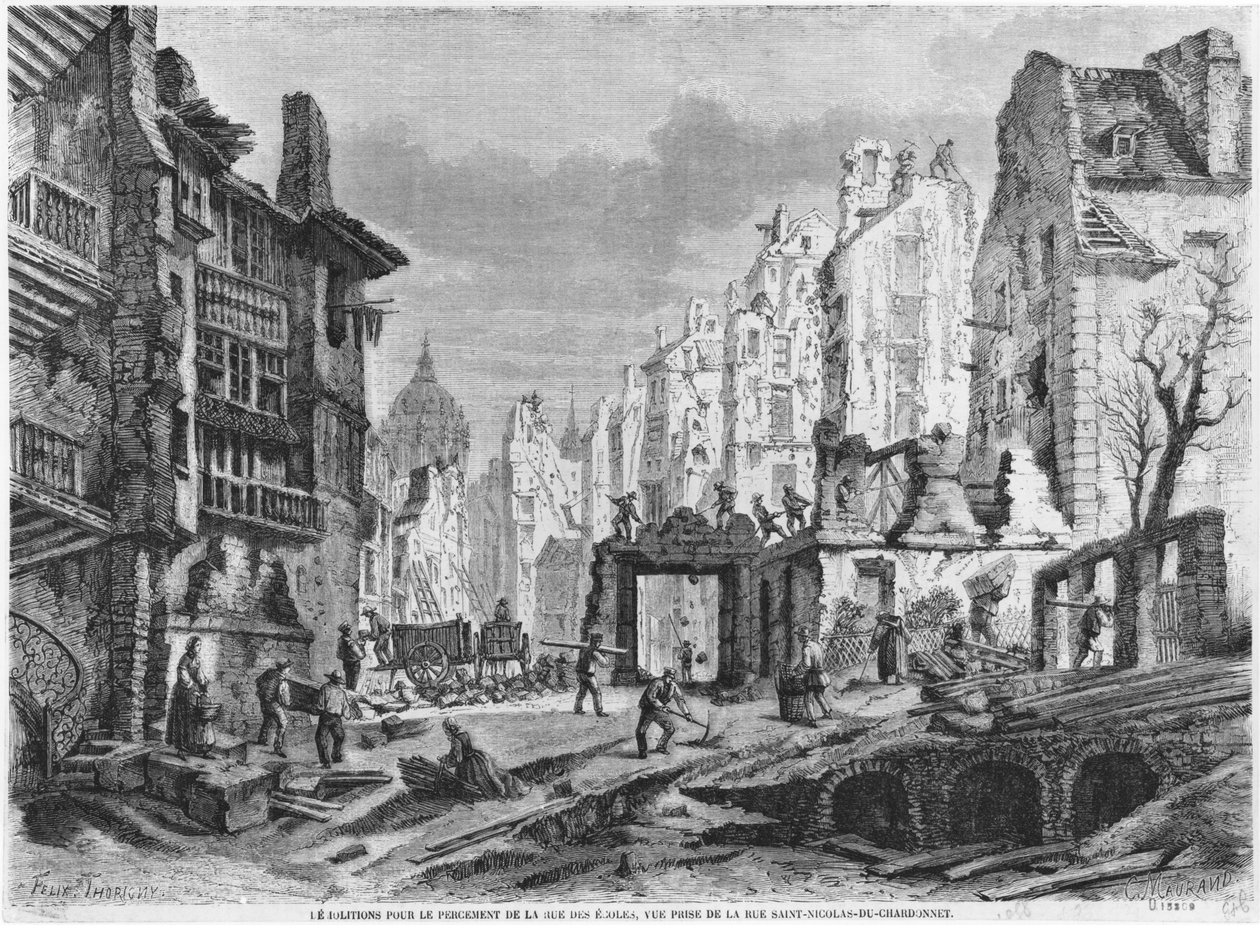 باريس ، عمليات هدم لمبنى Rue des Ecoles ، منظر مأخوذ من شارع Saint-Nicolas du Chardonnet ، منقوش بواسطة Charles Maurand (القرن التاسع عشر) بواسطة فيليكس ثوريني