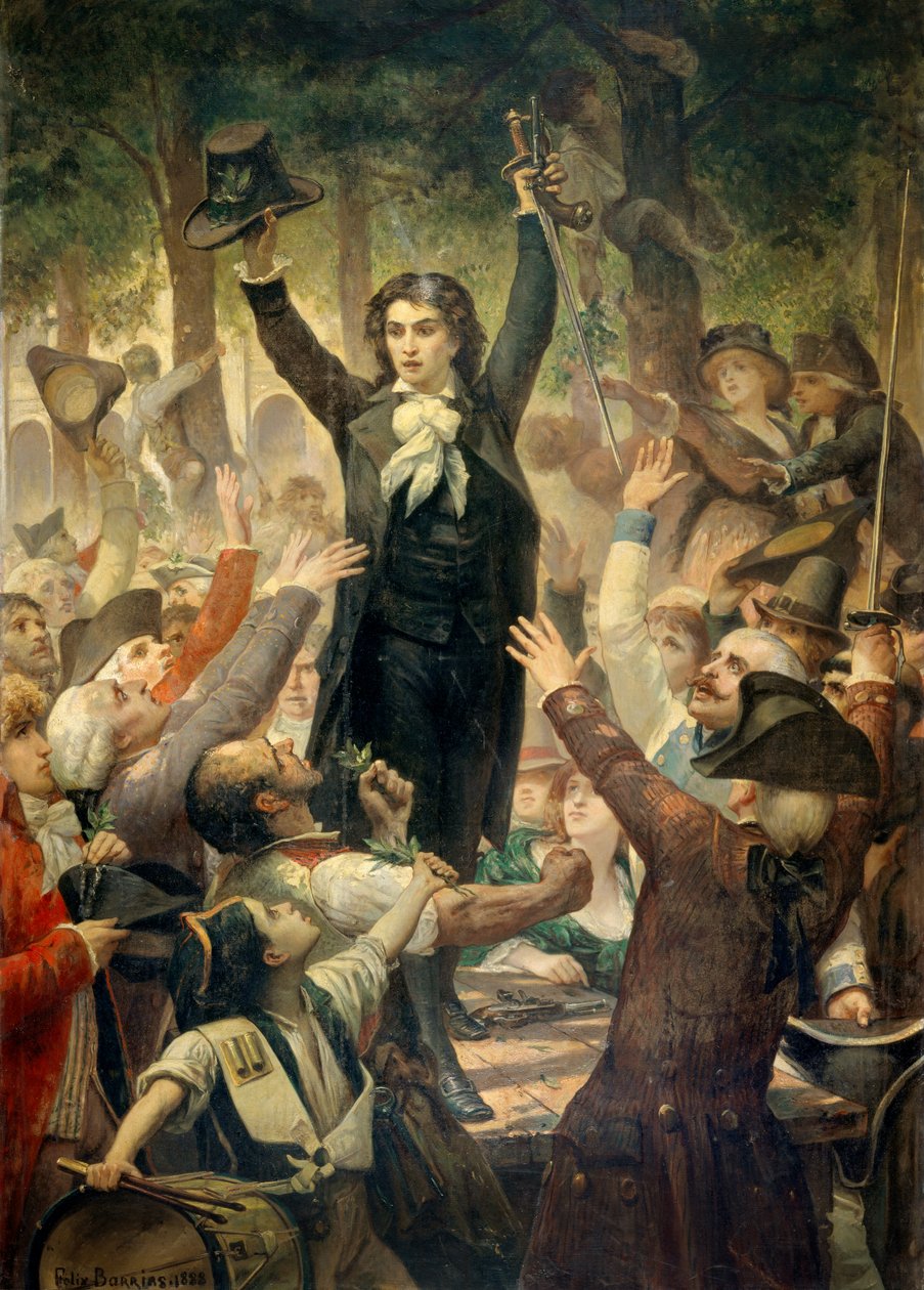 قام كميل ديسمولين (1760-1794) بترويع الوطنيين في حدائق القصر الملكي مشهد العرض الأول للثورة الفرنسية في باريس: في 12/07/1789 ، بعد إقالة الملك لجاك نيكر ، قام كاميل ديسمولين بتربية الحشد في القصر الملكي بواسطة فيليكس جوزيف بارياس
