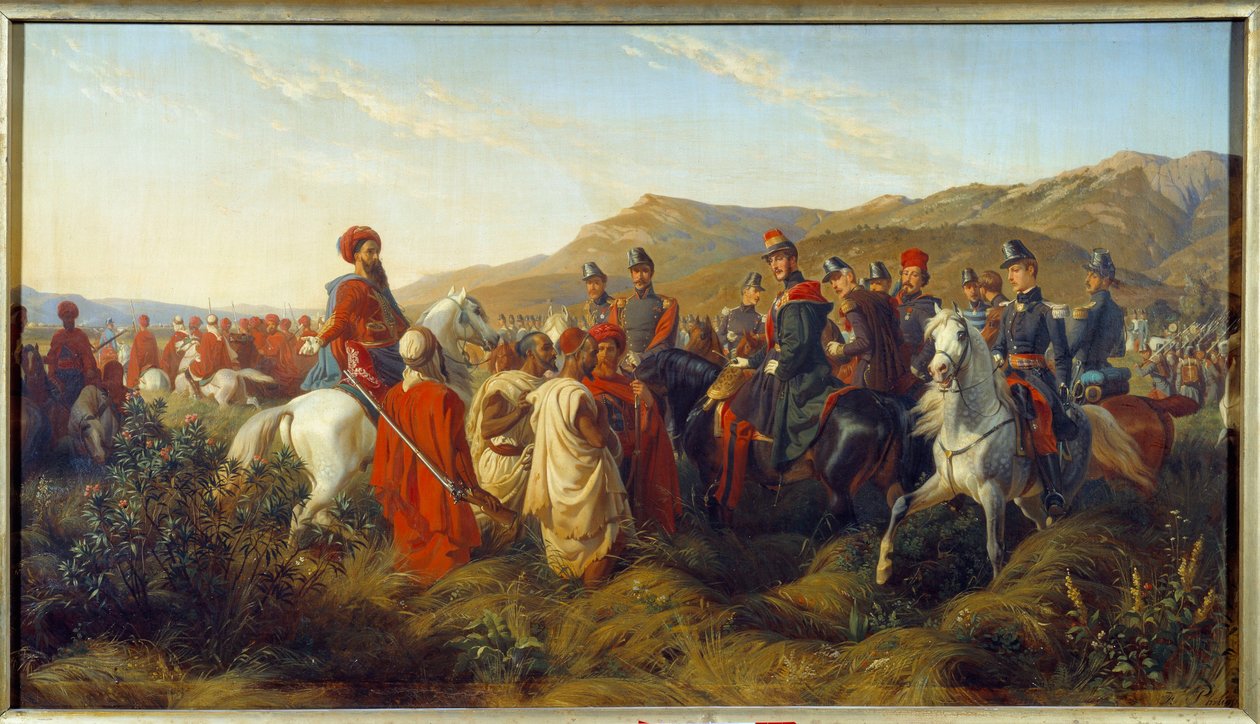 غزو الجزائر (1830-1847): حلقة من حملة الجزائر عام 1840 - منح دوق أورليانز فرديناند فيليب (فرديناند فيليب) (1810-1842) ، ابن الملك لويس فيليب (لويس فيليب) الأول ، الحرية لـ اثنين من السجناء العرب بالقرب من معسكر Bl بواسطة فيليكس (بعد) فيليبوتو