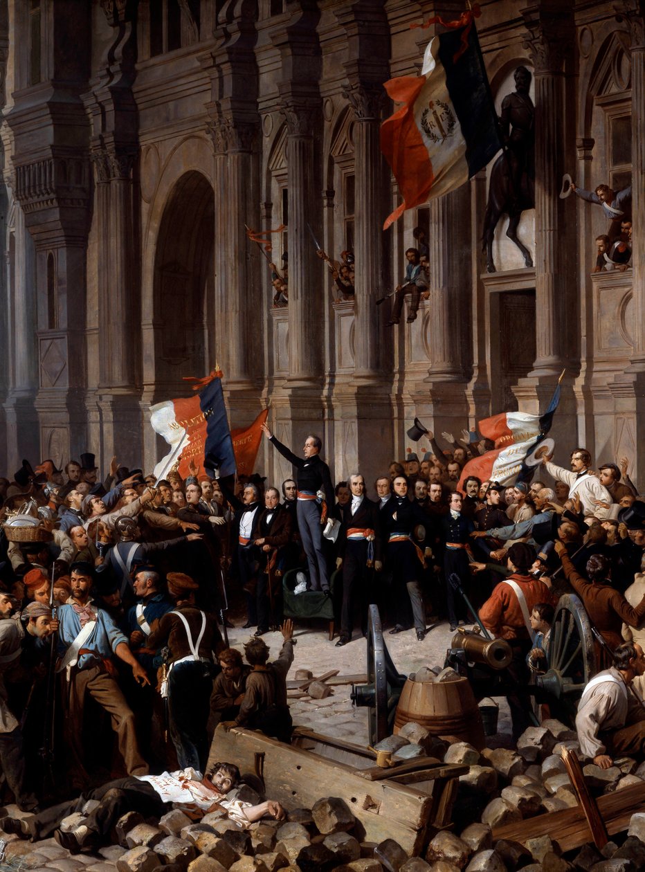 ثورة 1848: ألفونس دي لامارتين (1790 - 1869) ، رافضًا العلم الأحمر للعلم ثلاثي الألوان ، في دار البلدية. باريس ، 26 فبراير 1848. تفاصيل لوحة هنري فيليكس فيليبوتو (1815 - 1884) ، باريس ، متحف دو بيتي باليه - ثورة 1848 بواسطة فيليكس (بعد) فيليبوتو