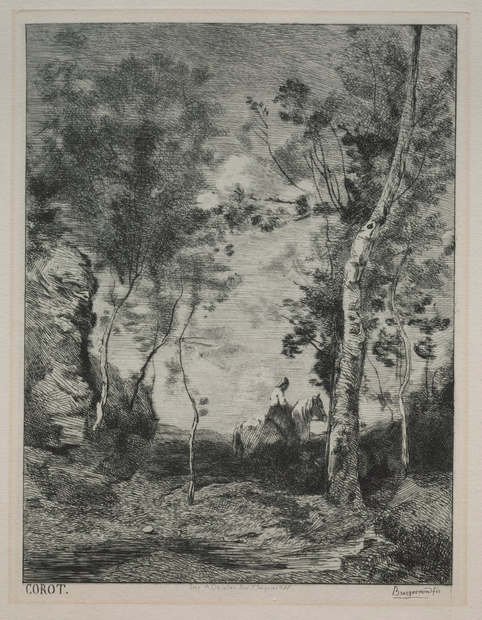 المناظر الطبيعية ، أو الحصان الأبيض ، بعد Corot ، ج. 1858. بواسطة فيليكس براكيموند