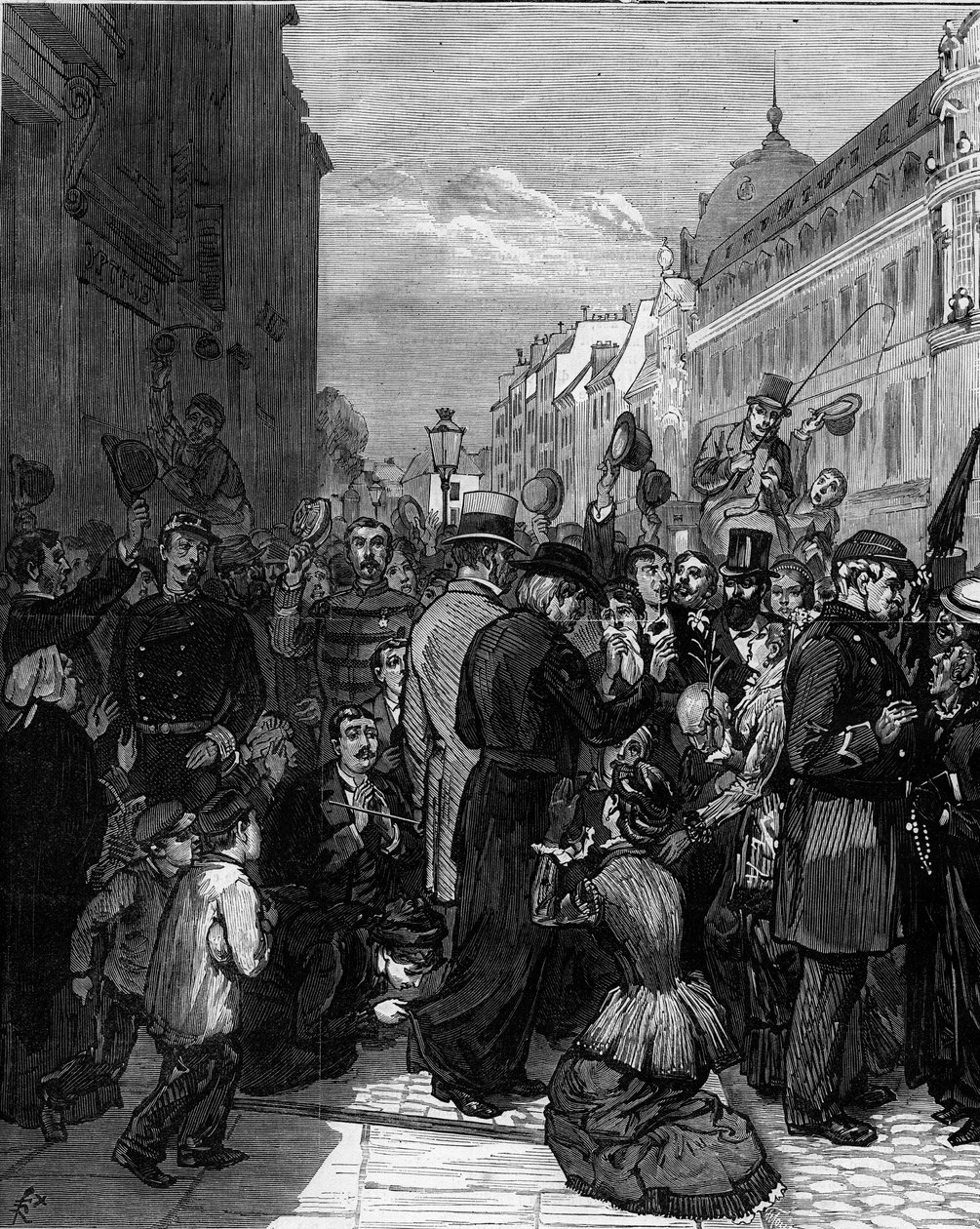 ترحيل اليسوعيين من شارع سيفرس في باريس بعد المراسيم الصادرة في مارس 1880 من قبل جول فيري وإلغاء الحق في تعليم أعضاء التجمعات الدينية غير المصرح بها: يبدي سكان باريس تضامنهم مع الإخلاء بواسطة فيليكس إيلي ريجامي