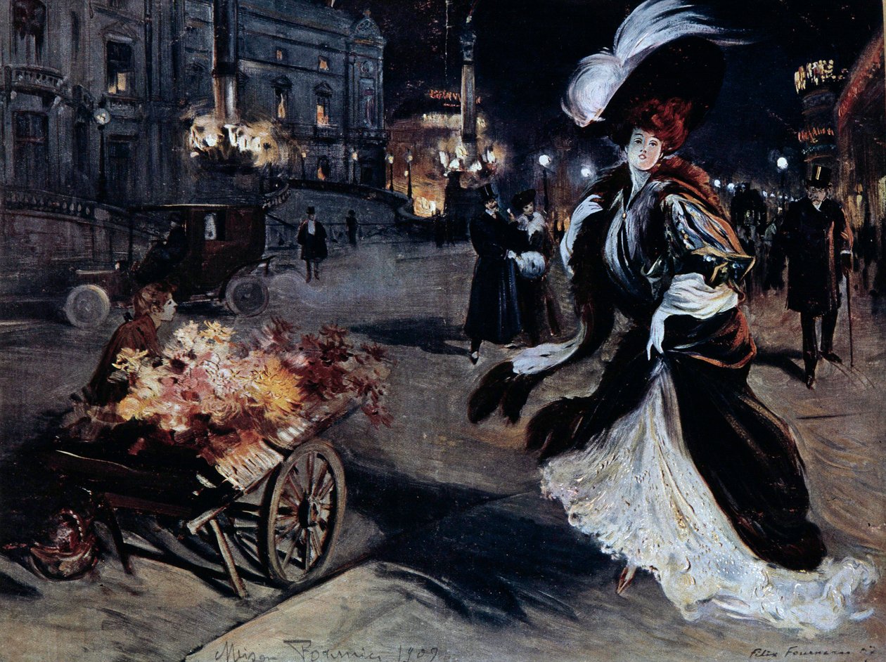 Belle Epoque: امرأة ترتدي البلشون في أحد شوارع باريس ليلاً. رسم فيليكس فورنيري (1865-1938) بواسطة فيليكس فورنيري