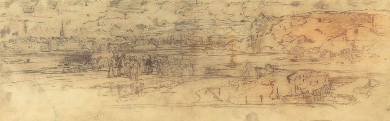 مصب النهر مع ميناء بحري محصن على اليسار ومنحدرات على اليمين ، ج. 1882. بواسطة فيليكس هيلير بوهوت