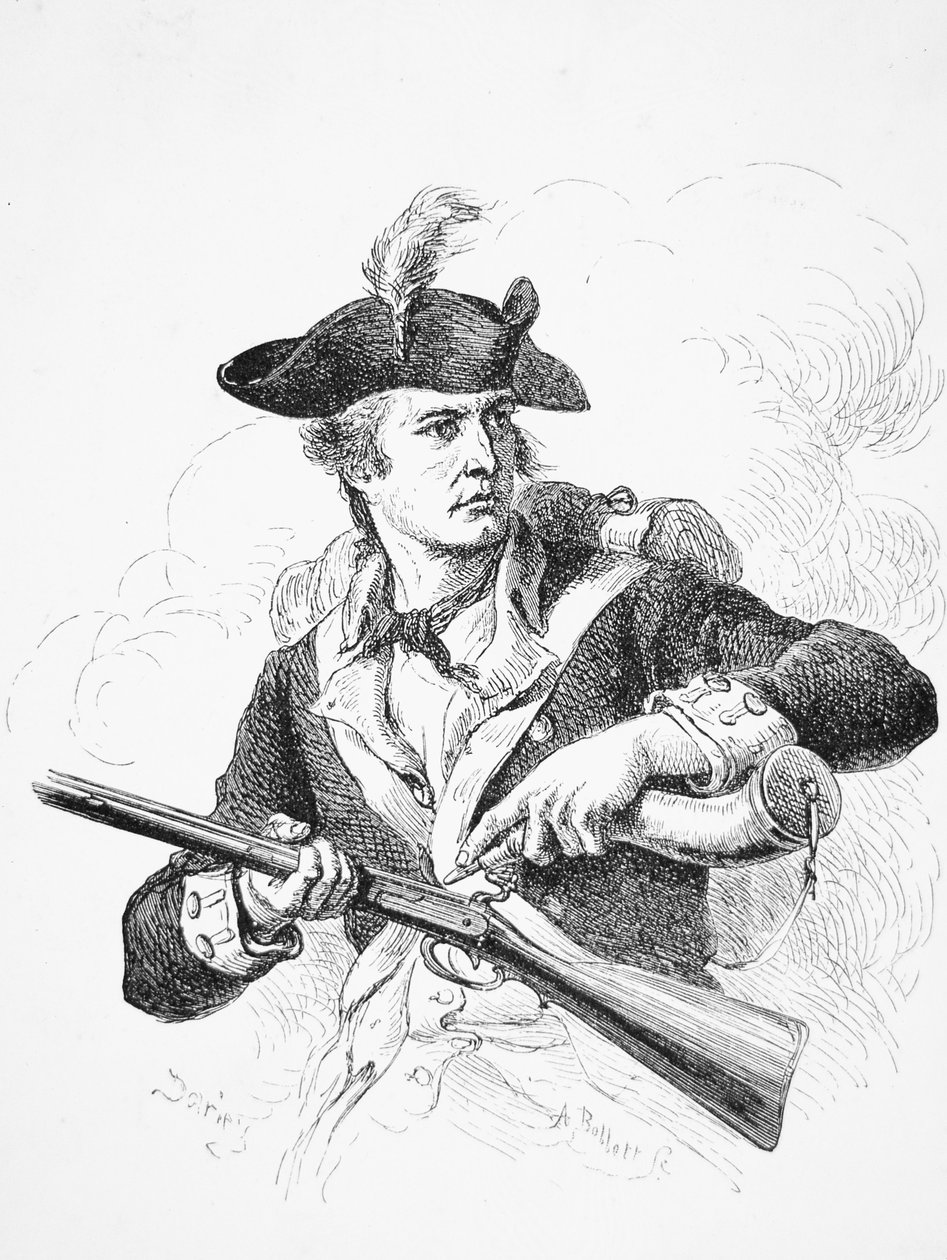An American soldier, during the War of Independence, using his powder horn to prime the pan of his flintlock musket, engraved by A. Bollett (engraving) بواسطة فيليكس أوكتافيوس كار (بعد) دارلي