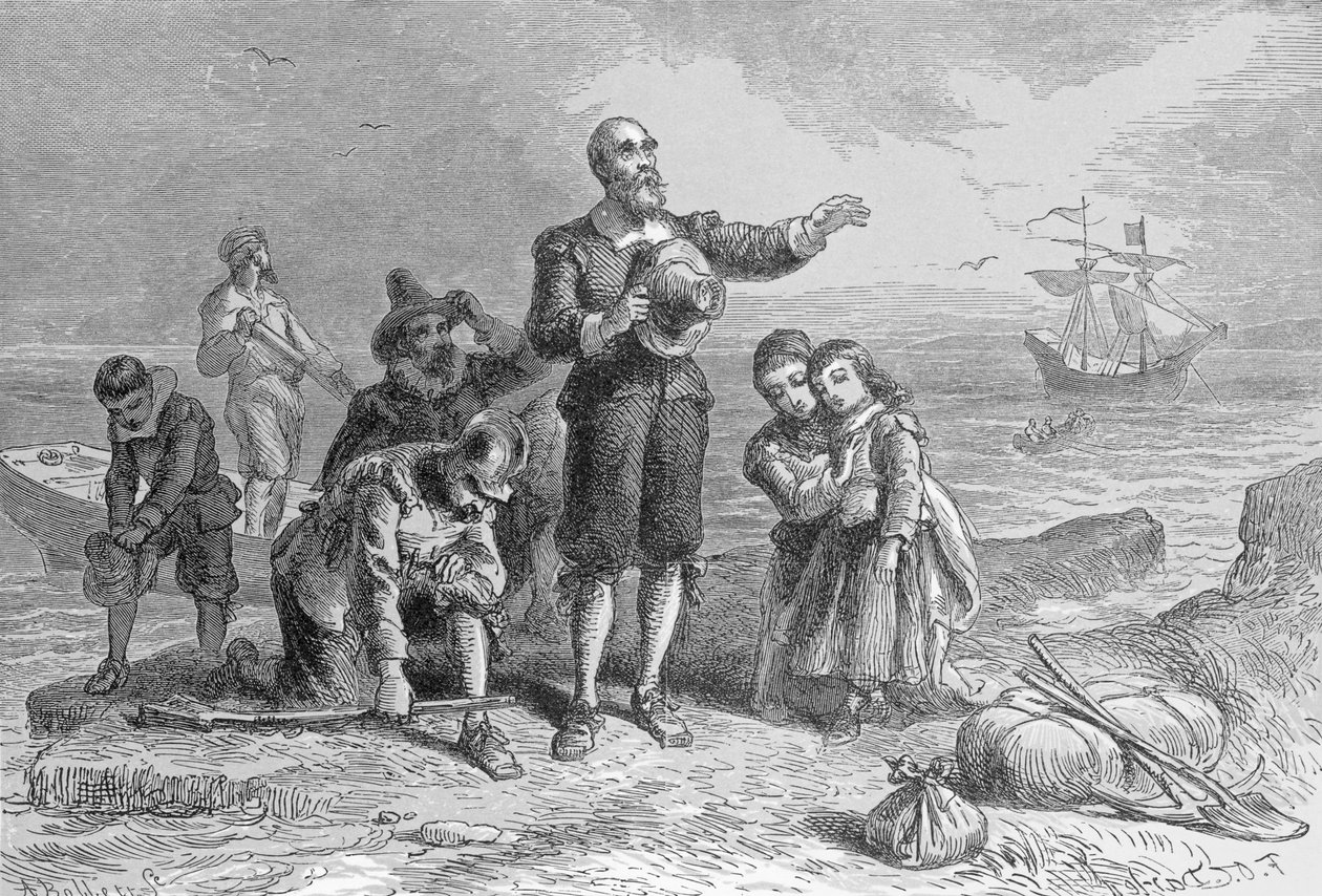 هبوط الحجاج ، 1620 ، نقشها أ. بوليت ، من "هاربر الشهرية" ، 1857 بواسطة فيليكس أوكتافيوس كار دارلي