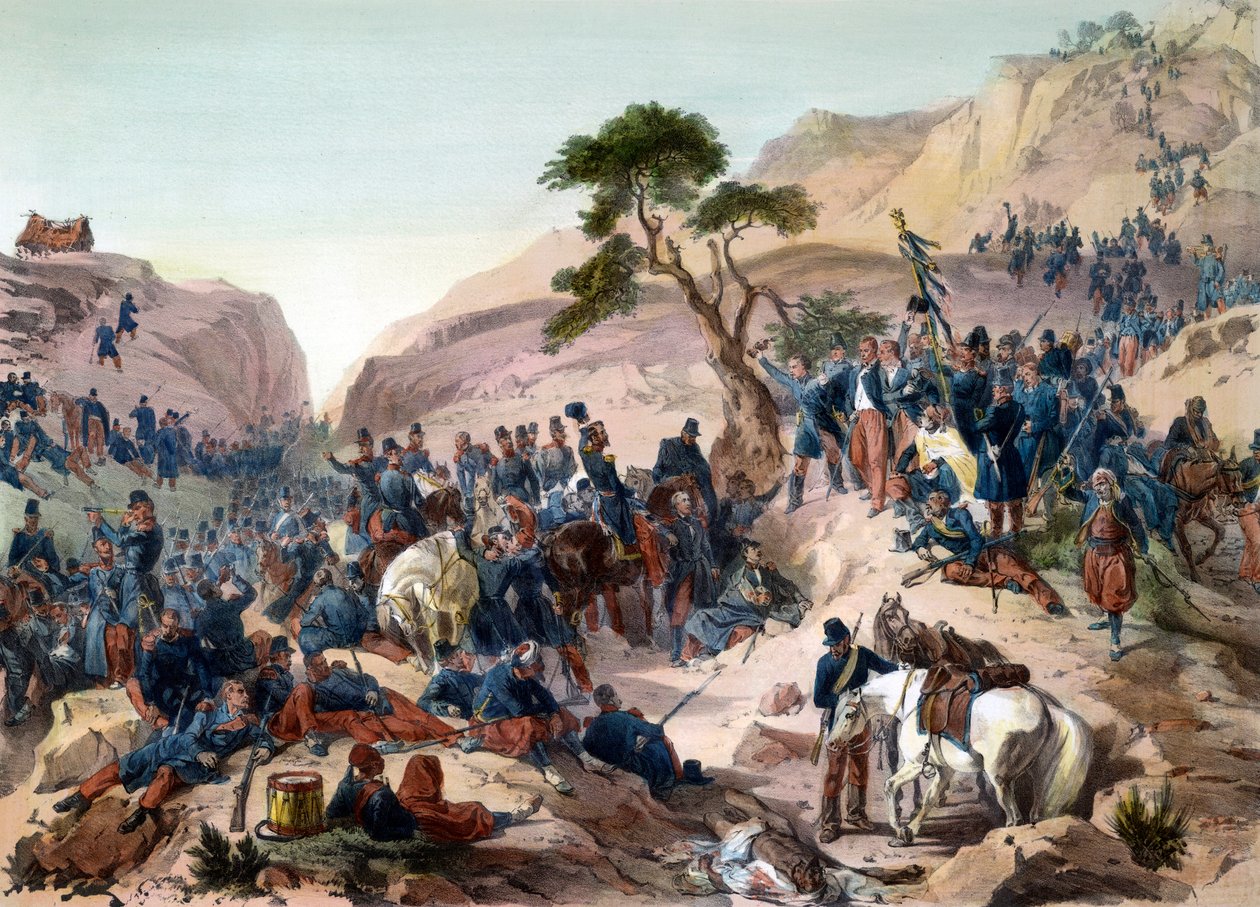 حلقة غزو الجزائر عام 1840 - معركة ممر الموزية (1840) - تدريبات دوق أورليانز في الجيش الفرنسي - نقش فيليبوتو - انتصر الجيش الفرنسي في تينياه في معركة موزية من أجل الممر الجبلي للموزاعة يوم 1 بواسطة فيليكس فيليبوتو