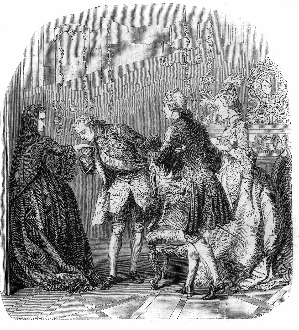 لويس الخامس عشر (1710-1774) يقبل يد أميرة لامبال (ماري تيريز لويز دي سافوي كارينيان أو سافوي كارينيان) (1749-1792) ، بحضور ماركيز دي ريشيليو وميلي لانج (كونتيسة باري المستقبلية) مدام دو باري) ني جين بي بواسطة فيليكس فيليبوتو