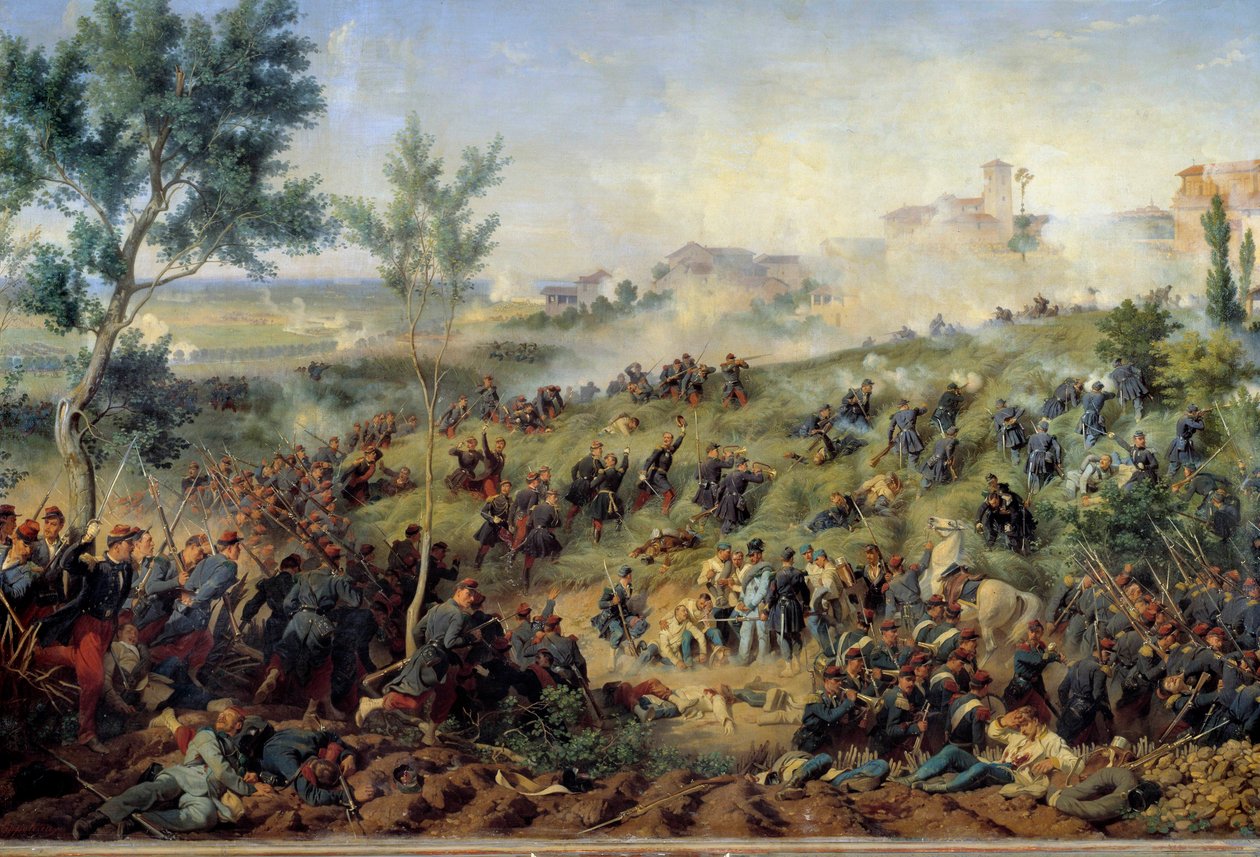 منظر لمعركة مونتيبيلو دي كاستيجيو ، 20/05/1859 فرنسا تفوز بالجيش النمساوي. لوحة هنري فيليكس إيمانويل فيليبوتو (1815-1884) 1862. خافت. 1x1.5 م. باريس ، متحف أرمي - منظر لمعركة مونتيبيلو دي كاستيجيو في 20 مايو 1859. F بواسطة فيليكس فيليبوتو