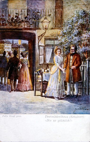 مشهد من "Das Dreimaederlhaus" ("بيت الفتيات الثلاث") يصور شوبرت أمام المنزل، حوالي عام 1916 (ليثو ملون) بواسطة فيليكس ريدل