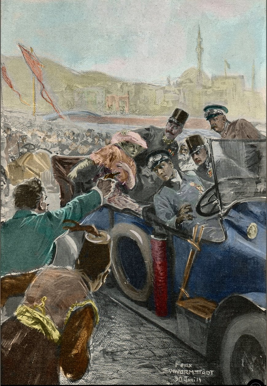 اغتيال فرانز فرديناند (1863-1914) أرشيدوق النمسا وزوجته صوفي في سراييفو (نقش) بواسطة فيليكس شورمشتات