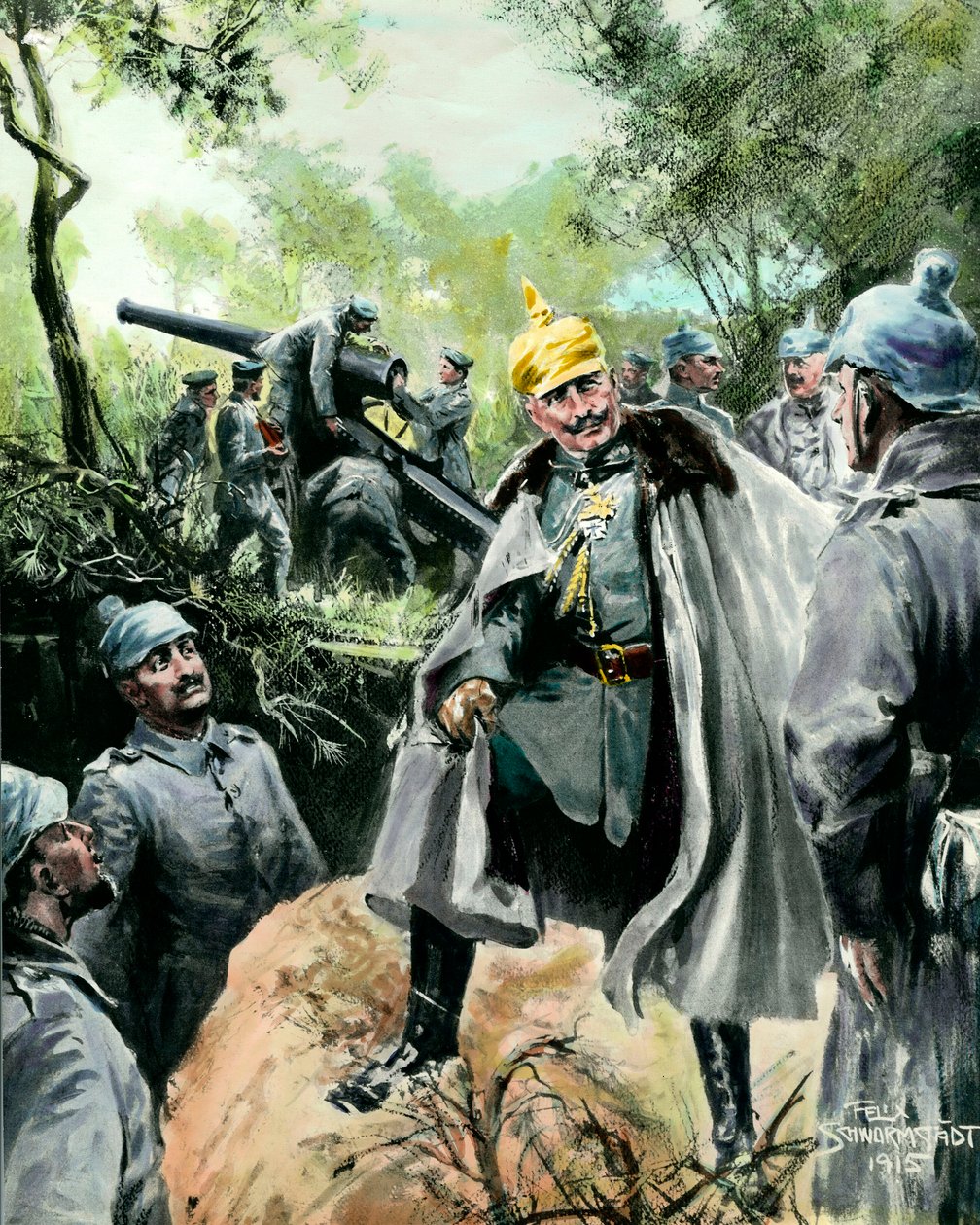 الحرب العالمية الأولى: "" صورة الإمبراطور ويليام الثاني (1859-1941) أثناء زيارته لمركز مدفعي "" طباعة بقلم فيليكس شورمشتات (1870 -؟) 1915 مجموعة خاصة بواسطة فيليكس شورمشتات