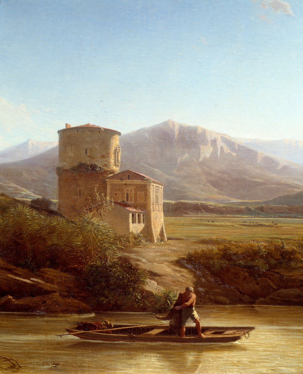 صياد على ضفاف نهر التيبر في إيطاليا التفاصيل. لوحة لفيليكس توماس (1815-1875) 1864 نانت ، متحف الفنون الجميلة بواسطة فيليكس توماس