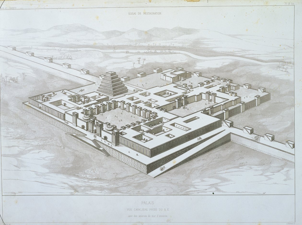Khorsabad Palace, historical view from the south-east with part of the fortified walls, illustration from 