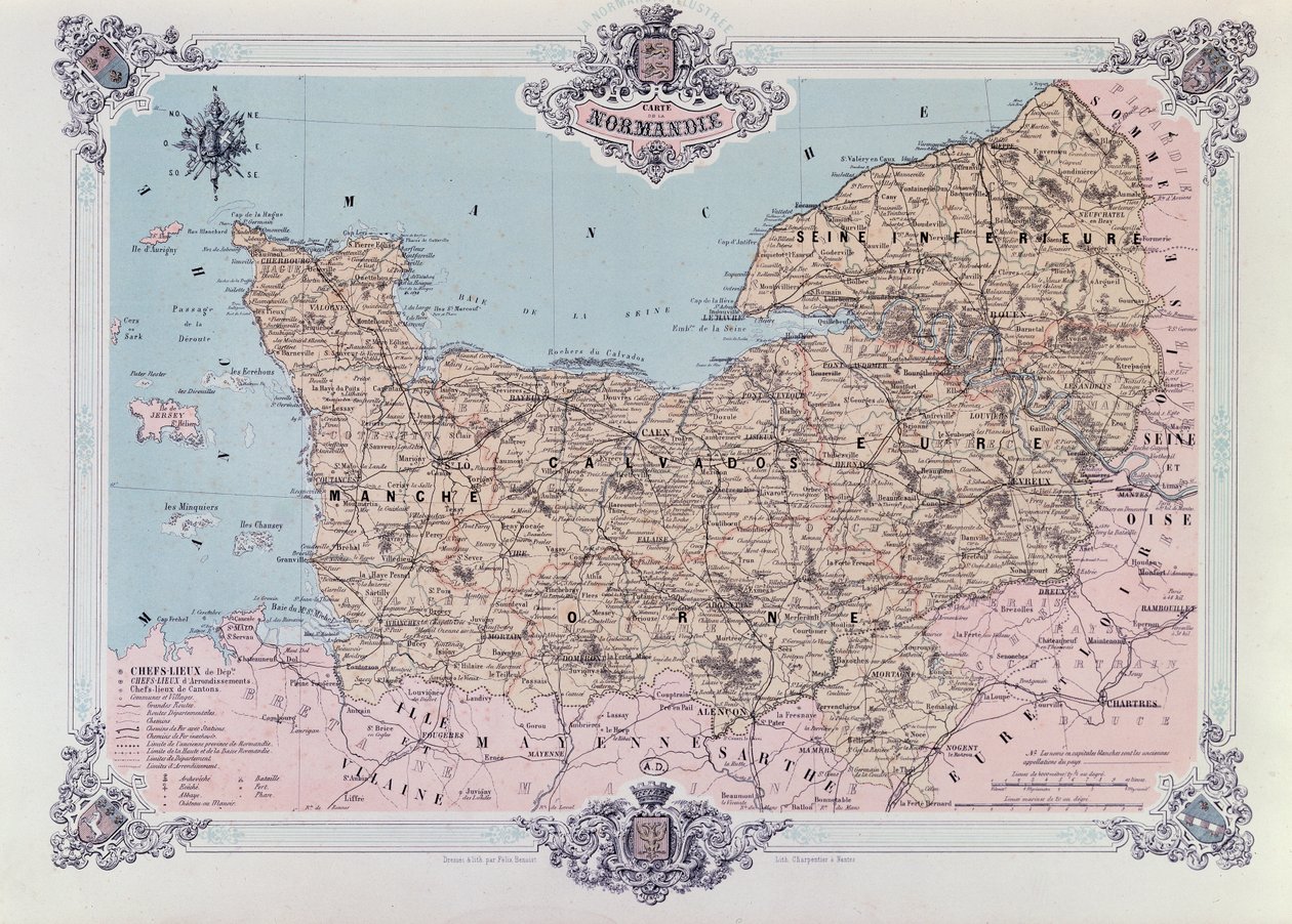 خريطة نورماندي ، من المجلد الأول من La Normandie Illustree ، محفور بواسطة Charpentier ، تم نشره في نانت 1852 بواسطة فيليكس بعد Benoist