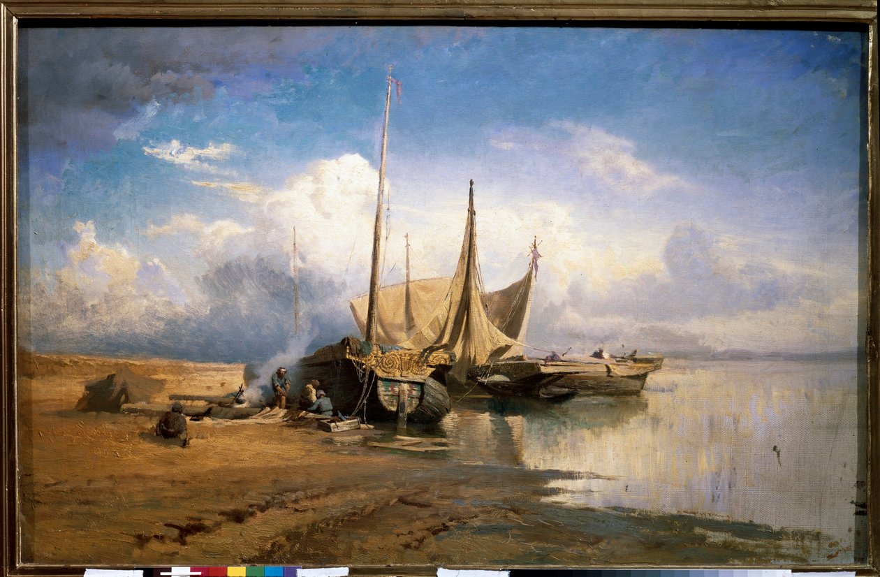 منظر لنهر الفولغا ، قوارب (منظر لنهر الفولغا ، قوارب) - رسم لفيودور ألكساندروفيتش فاسيلييف (فيودور ألكساندروفيتش ، فيودور ألكساندروفيتش فاسيليف) (1850-1873) ، زيت على قماش بواسطة فيودور الكسندروفيتش فاسيليف