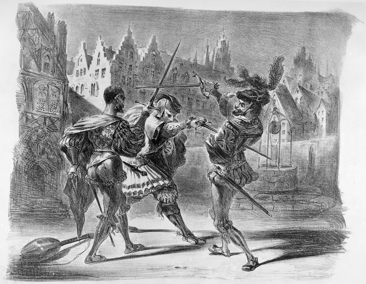 مبارزة بين Faust و Valentine ، من Faet Goethe&39;s ، بعد عام 1828 ، (توضيح) ، (وزن الجسم صورة من الطباعة الحجرية) بواسطة فرديناند فيكتور يوجين ديلاكروا