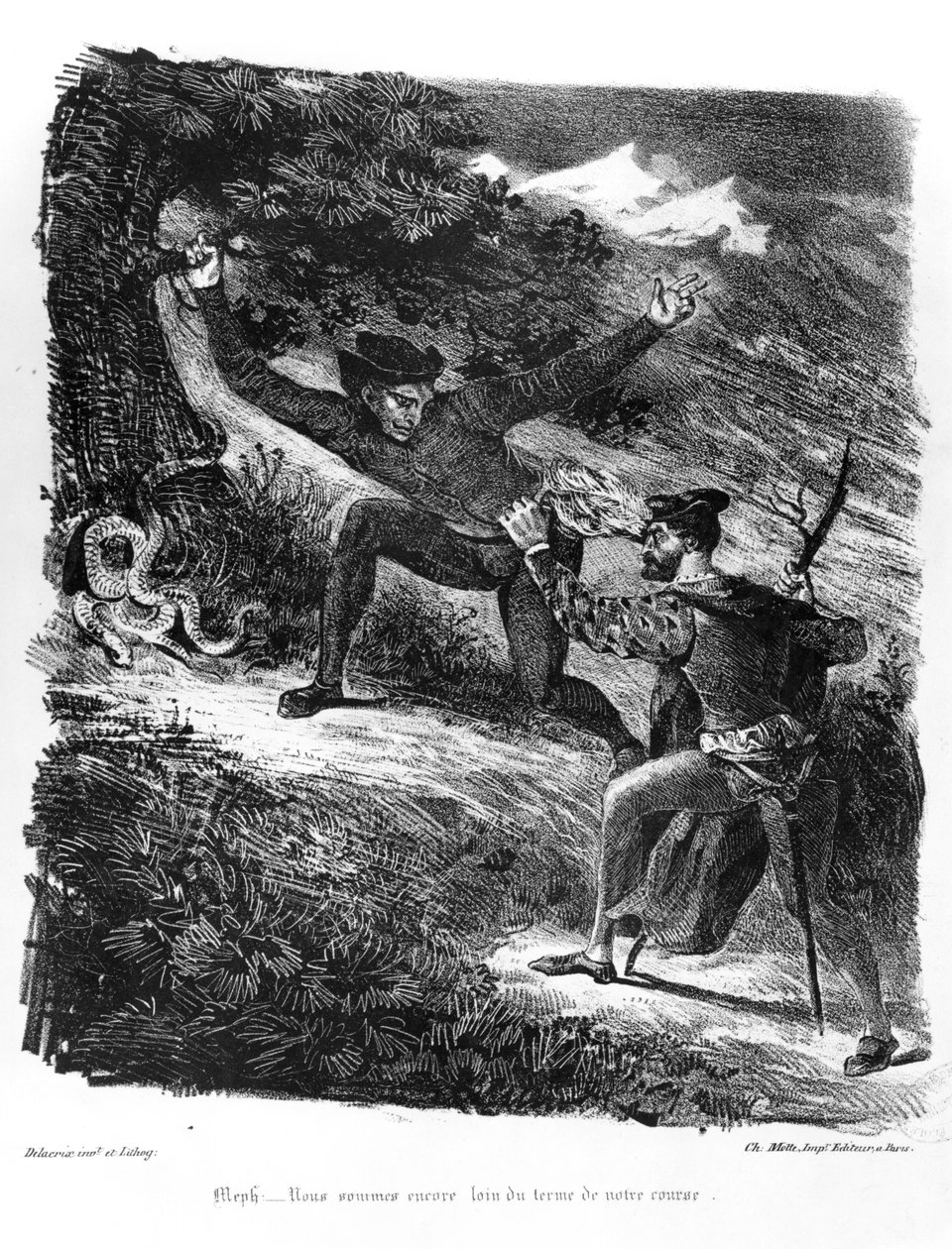 Mephistopheles و Faust في طريقهما إلى السبت في الليل ، رسم توضيحي لـ Faust بواسطة Goethe ، 1828 (وزن صورة حجرية) بواسطة فرديناند فيكتور يوجين ديلاكروا