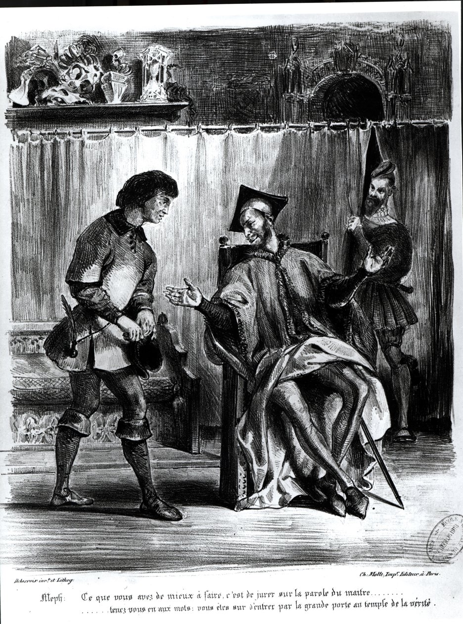 Mephistopheles والتلميذ ، من Goethe&39;s Faust ، (توضيح) ، (وزن الجسم صورة من الطباعة الحجرية) بواسطة فرديناند فيكتور يوجين ديلاكروا