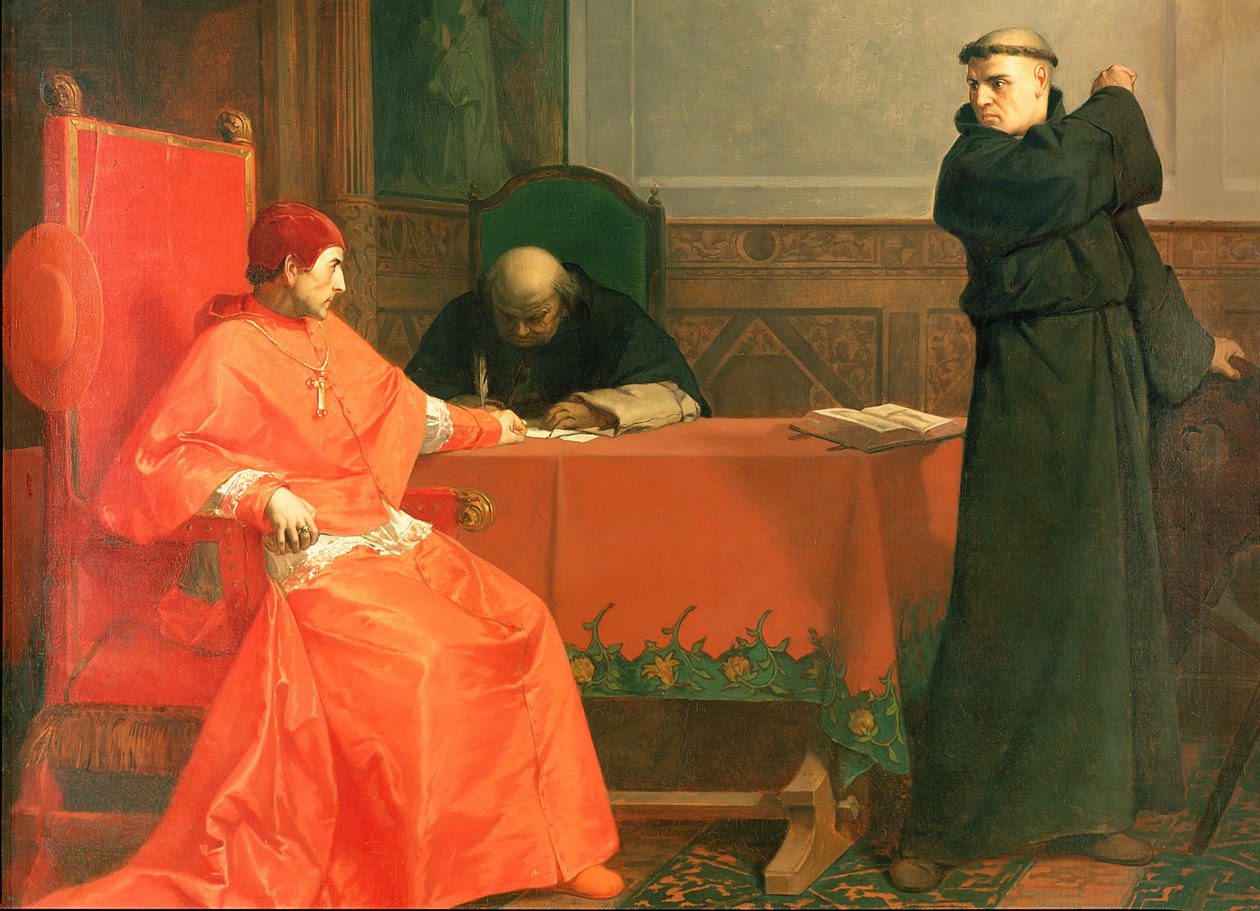لوثر أمام الكاردينال كاجيتان خلال الجدل حول أطروحاته 95 ، 1870 بواسطة فرديناند فيلهلم باولز