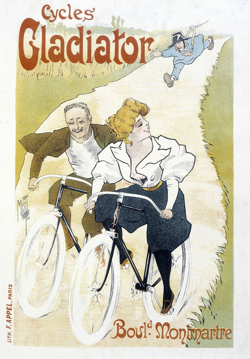 طارد زوجان من الدراجة بواسطة شرطي - الإعلان عن دورات المصارع ، بواسطة ميستي ، v.1895 بواسطة فرديناند ميستي ميفليز