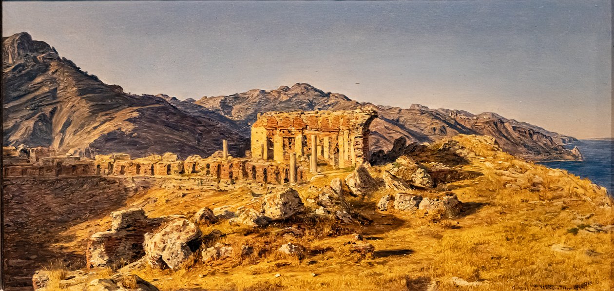 أنقاض المسرح اليوناني في تاورمينا ، باتجاه مضيق ميسينا بواسطة فرديناند جورج والدمولر