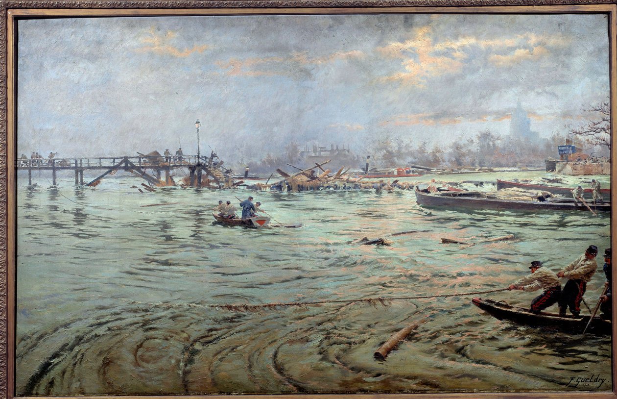 منظر للجسر وجسر Estacade في باريس أثناء الفيضان العظيم عام 1910 لوحة لفرديناند جوزيف جيلدري (1858-1945) 1910. باريس ، متحف كارنافاليت. حذر! قد يخضع استخدام هذا العمل لطلب إذن من طرف ثالث أو بواسطة فرديناند جوزيف جويلدري