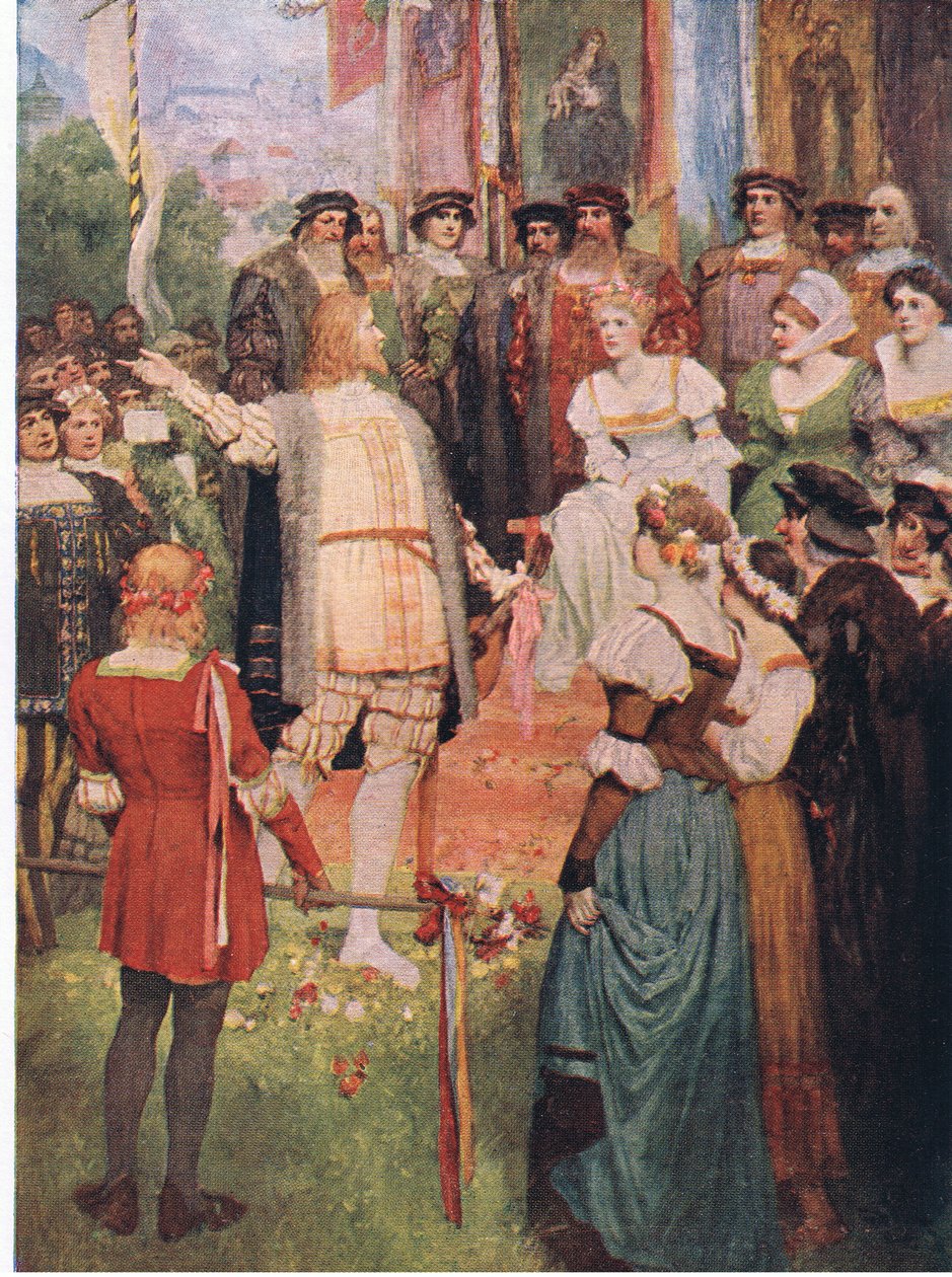بدأ والتر أغنيته ، رسم توضيحي من حانة The Stories of Wagner's Opera. بواسطة George Harrap & Co Ltd 1932 (لون ليثو) بواسطة فرديناند ليكي