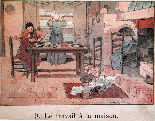 عمل مسائي في الريف ، رسم توضيحي لكتاب مدرسي ، حوالي عام 1900 (ليثو ملون) بواسطة فرديناند رافين