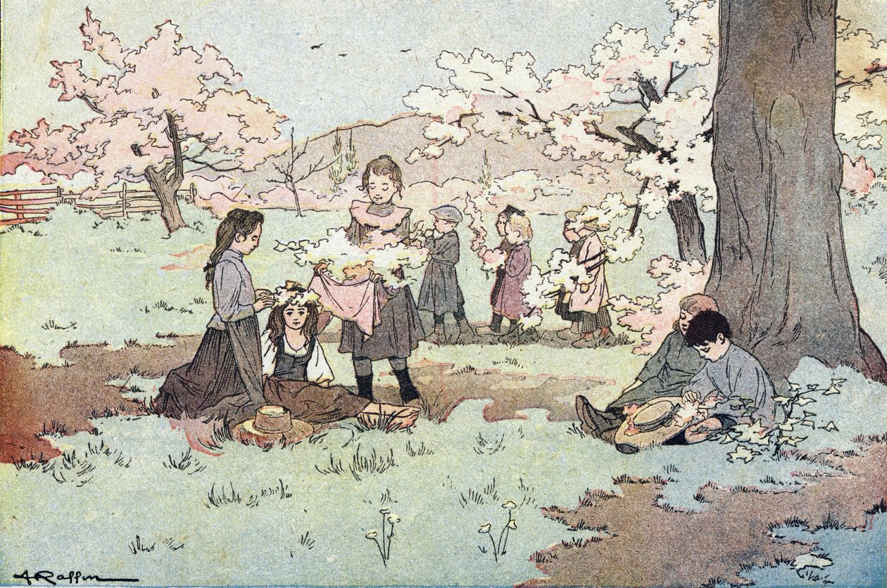 أطفال يقطفون الزهور من الحقول، في Imagier de l'enfance، حوالي عام 1900 (نقش) بواسطة فرديناند رافين