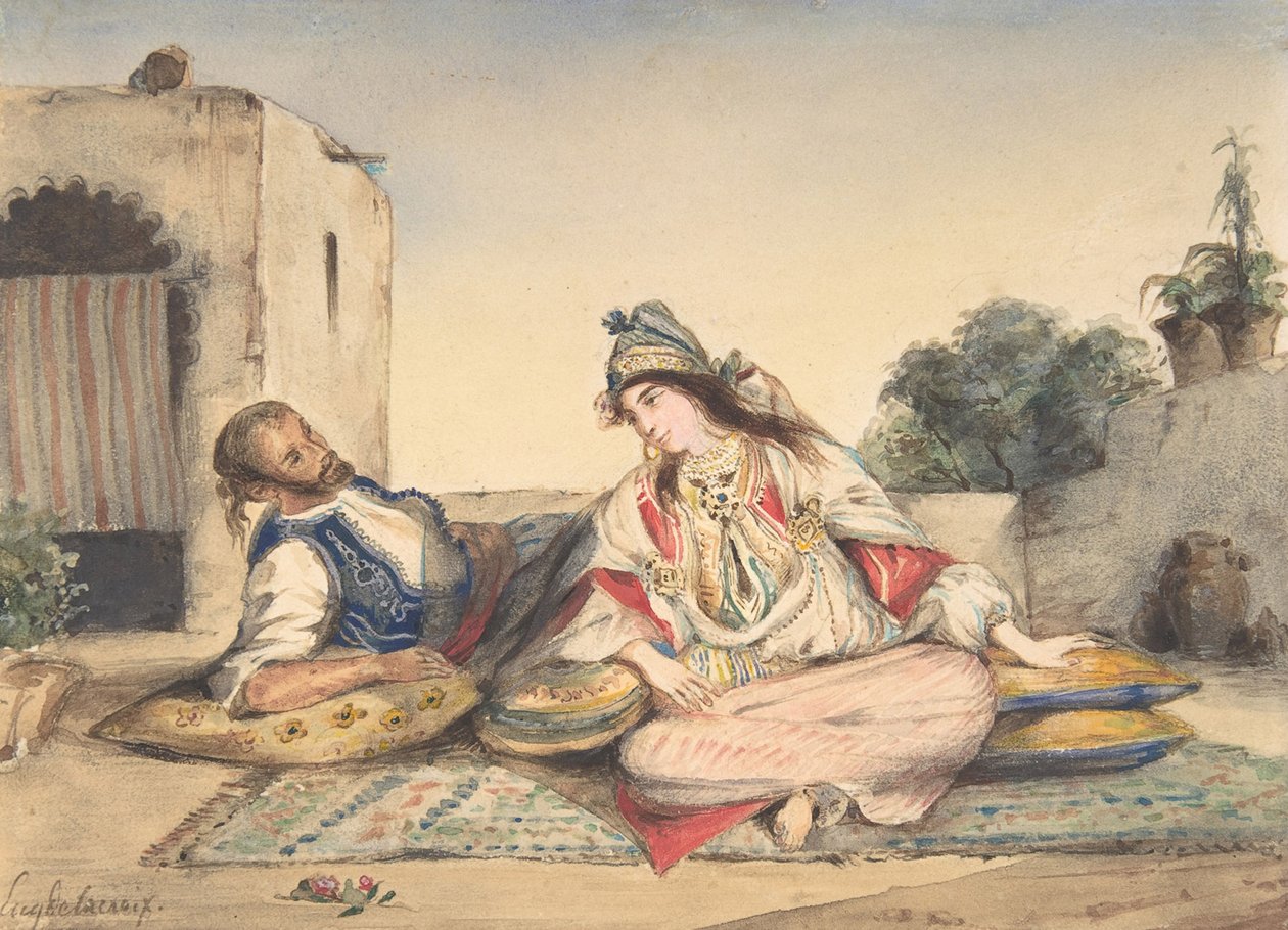 زوجان مغاربيان على الشرفة ، 1832 (مرحاض فوق الجرافيت على ورق منسوج) بواسطة فرديناند فيكتور يوجين ديلاكروا