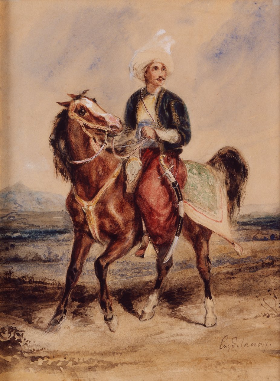 محارب عربي على ظهر حصان في منظر طبيعي (لوحة مائية على ورق) بواسطة فرديناند فيكتور يوجين ديلاكروا