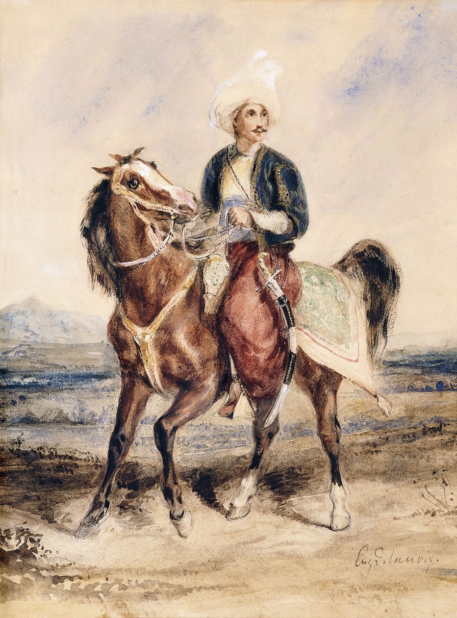 محارب عربي على ظهور الخيل في المناظر الطبيعية ، بواسطة فرديناند فيكتور يوجين ديلاكروا