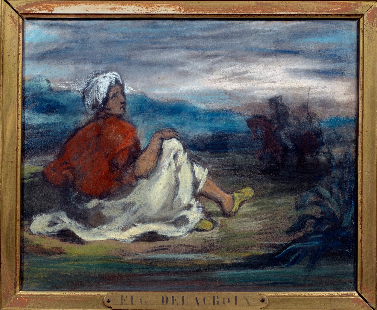 عربي يجلس في الريف على حافة طريق لوحة باستيل ليوجين ديلاكروا (1798-1863) مجموعة خاصة من القرن التاسع عشر بواسطة فرديناند فيكتور يوجين ديلاكروا