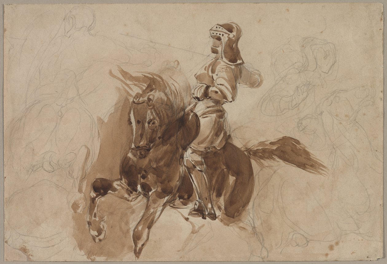 شكل مدرع على ظهور الخيل ، الحصان أمام الحظيرة ، ج. 1828. بواسطة فرديناند فيكتور يوجين ديلاكروا