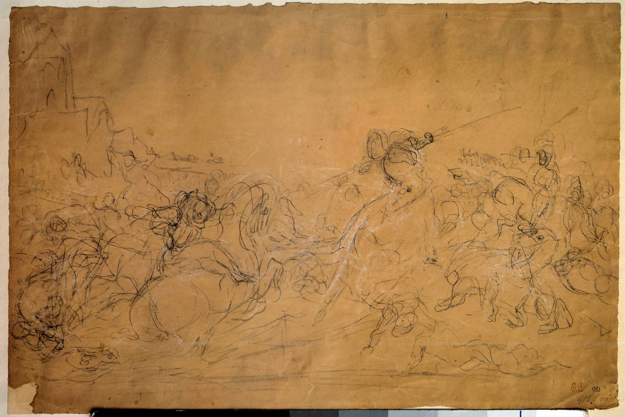 Battle Scene Drawing on Salmon Paper by Eugene Delacroix (1798-1863) 19th century Sun. 0.30 X 0.45 m. Paris, Louvre Museum بواسطة فرديناند فيكتور يوجين ديلاكروا