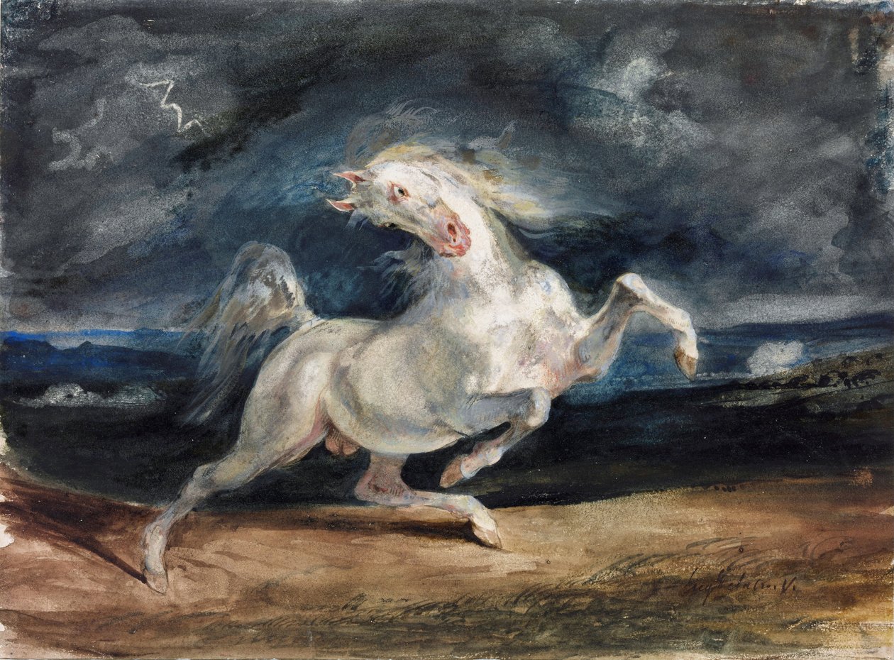 حصان يخافه البرق - حصان يخافه البرق - ديلاكروا ، يوجين (1798-1863) - 1825-1829 - ألوان مائية ، غواش على ورق - 23.6x32 - Szepmuveszeti Muzeum ، بودابست بواسطة فرديناند فيكتور يوجين ديلاكروا