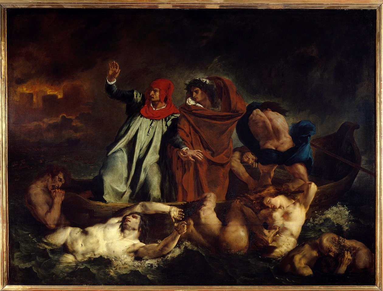 دانتي وفيرجيل أو قارب دانتي رسم توضيحي للأغنية الثامنة من "La Divine Comedie" "(Divina Commedia) بواسطة Dante Alighieri (1265-1321) لوحة بواسطة Eugene Delacroix (1798-1863) 1822 Sun. 1.89 × 2.41 م باريس. متحف اللوفر بواسطة فرديناند فيكتور يوجين ديلاكروا
