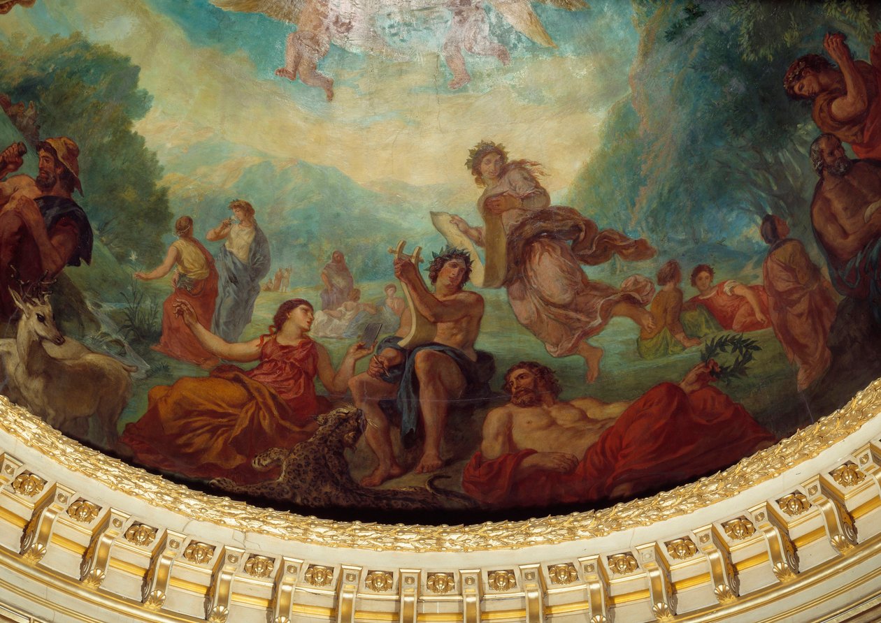 النزول إلى الأطراف: "" Orphee ، Sapho (Sappho) على اليسار وموسى "" تفاصيل اللوحة التي رسمها يوجين ديلاكروا (1798-1863) التي تزين قبة مكتبة سينات ، حوالي عام 1845. قصر لوكسمبورغ ، باريس بواسطة فرديناند فيكتور يوجين ديلاكروا