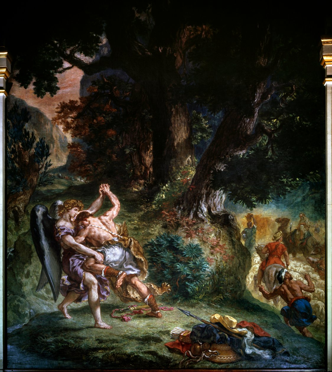 تفاصيل القتال بين يعقوب والملاك لعام 1860: لوحة رسمها يوجين ديلاكروا (1798-1863) كنيسة سانت سولبيس بباريس. بواسطة فرديناند فيكتور يوجين ديلاكروا
