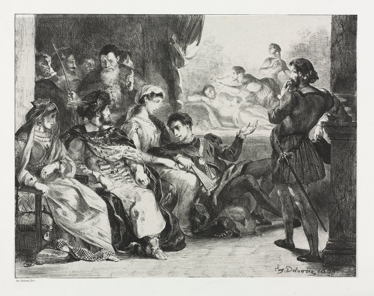 هاملت: هاملت يأمر الممثلين بعمل مشهد من تسمم والده ، 1834. بواسطة فرديناند فيكتور يوجين ديلاكروا
