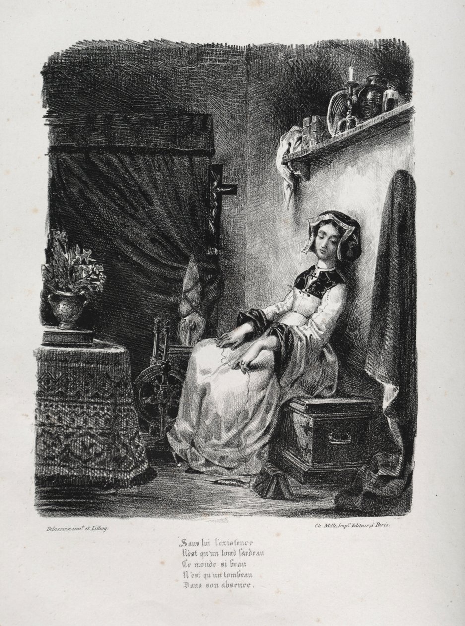 الرسوم التوضيحية لـ Faust: Marguerite with the wheel ، 1828. بواسطة فرديناند فيكتور يوجين ديلاكروا