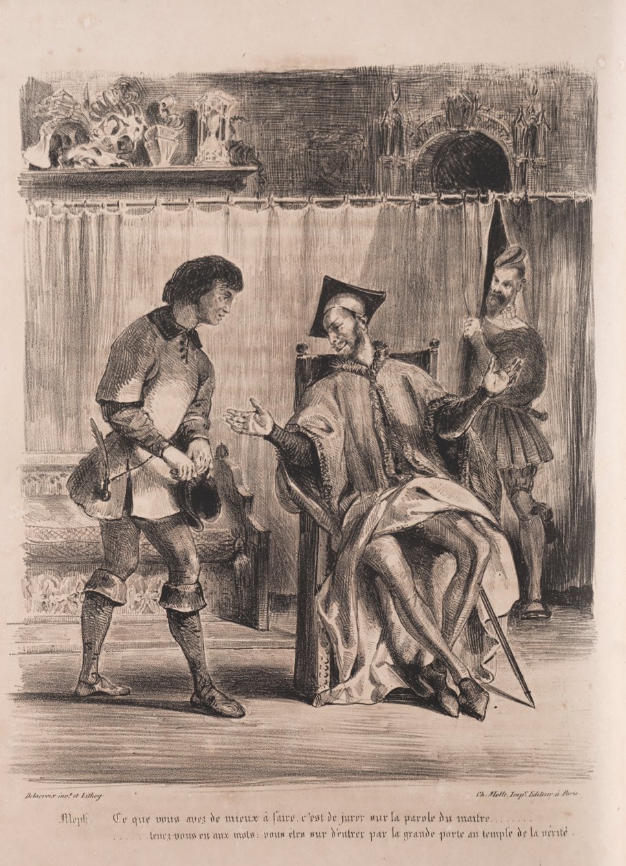 الرسوم التوضيحية لـ Faust: Méphistophélé يستقبل تلميذ المدرسة ، 1828. بواسطة فرديناند فيكتور يوجين ديلاكروا